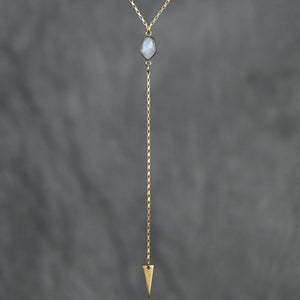 Delicate Brass Y Drop Lariat Necklace w/ Faceted Labradorite Semi-Precious Gemstone