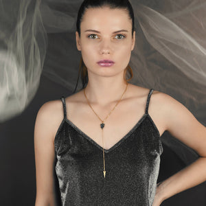 Delicate Brass Y Drop Lariat Necklace w/ Faceted Labradorite Semi-Precious Gemstone