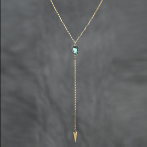 Delicate Brass Y Drop Lariat Necklace w/ Faceted Labradorite Semi-Precious Gemstone