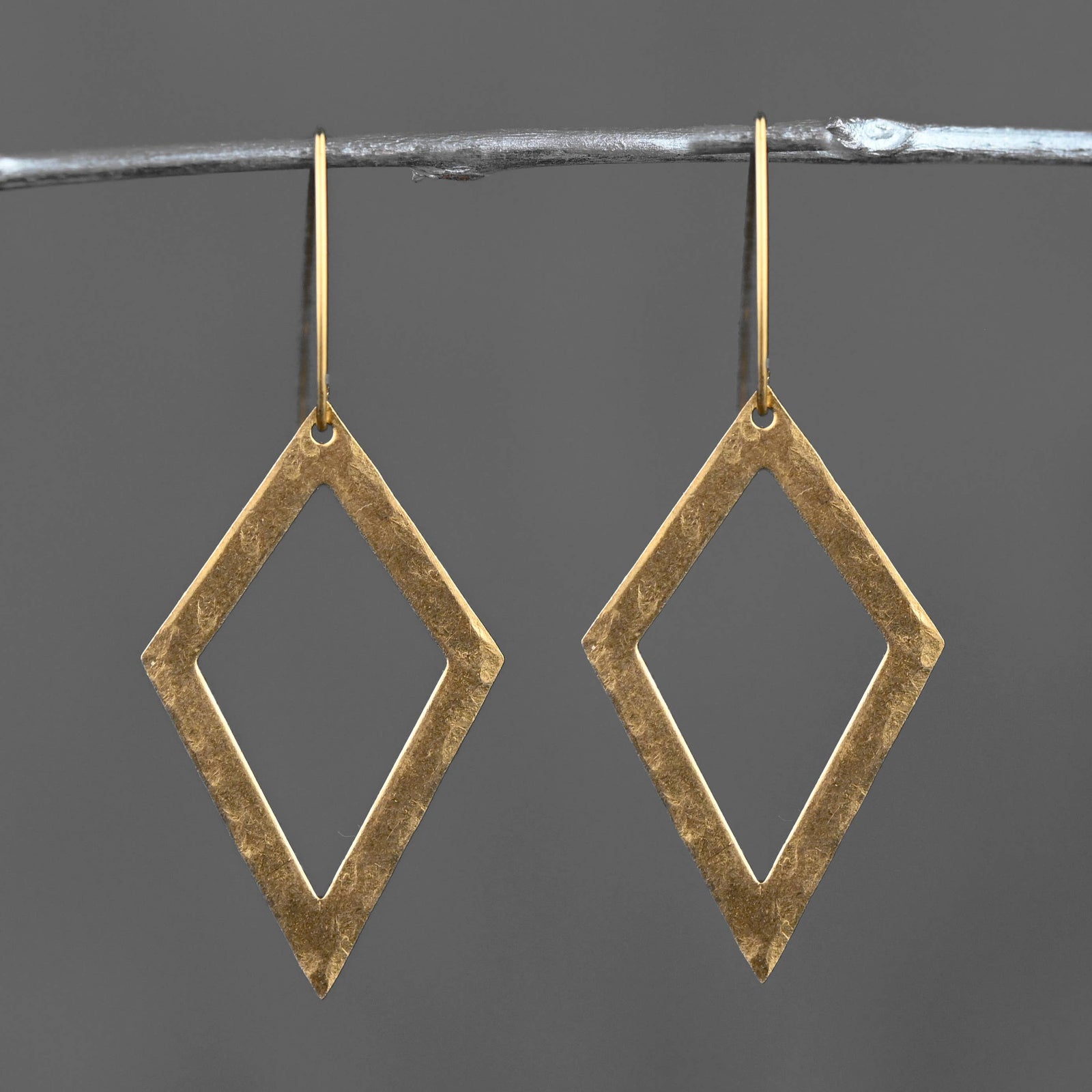 Hammered Brass Open Diamond Earrings