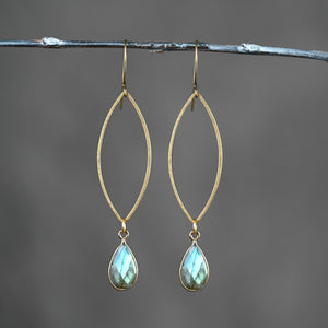 Brass Open Marquise Earrings w/  Labradorite Semi Precious Stone