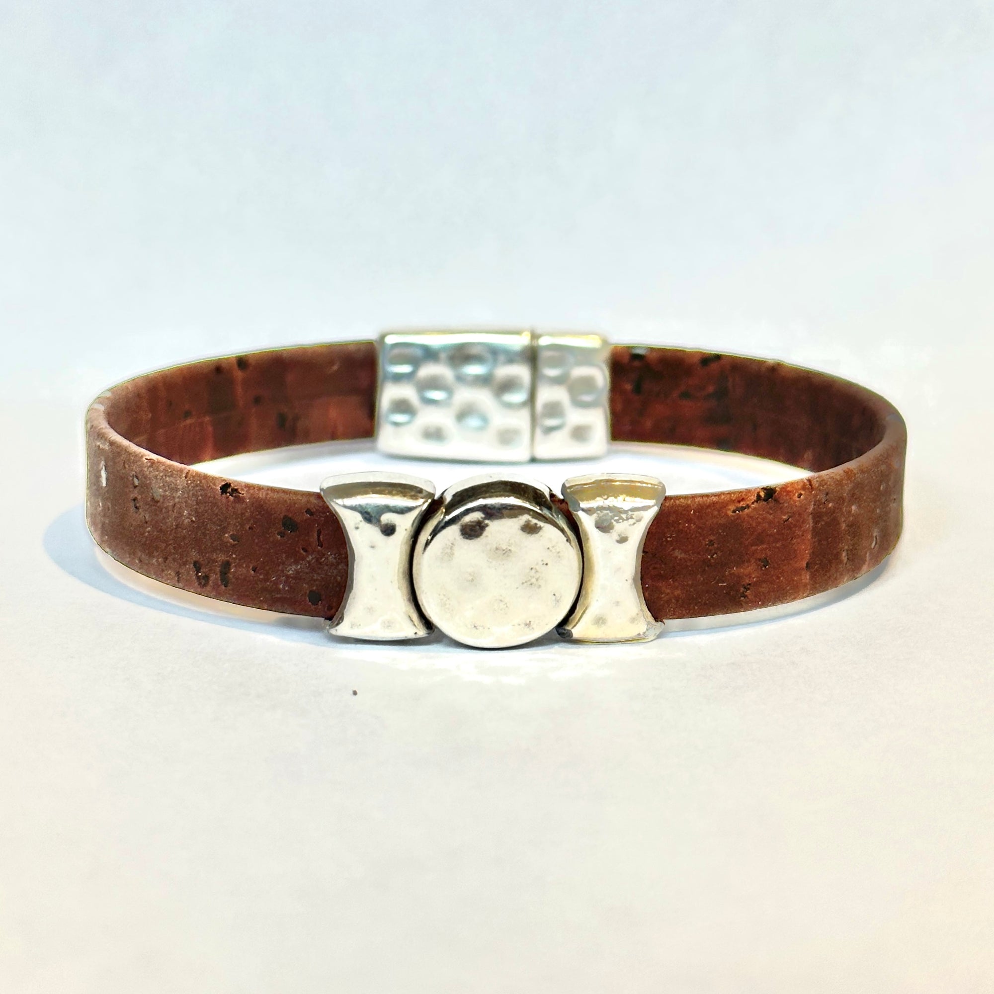 Men's Hammered Silver Circle + Cork Bracelet