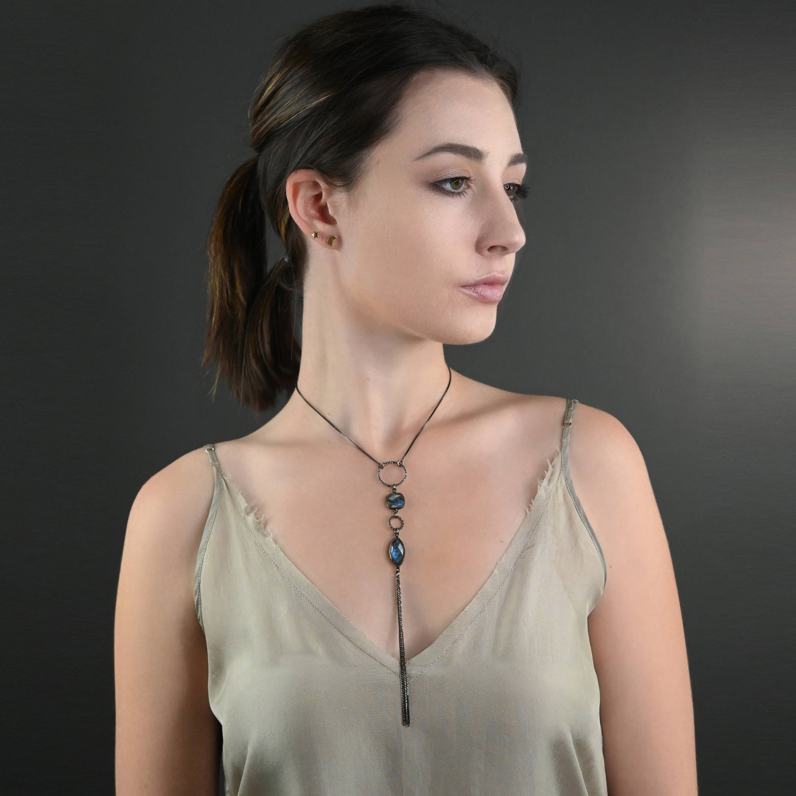 Crystal Tassel Necklace on Adjustable Gunmetal Chain