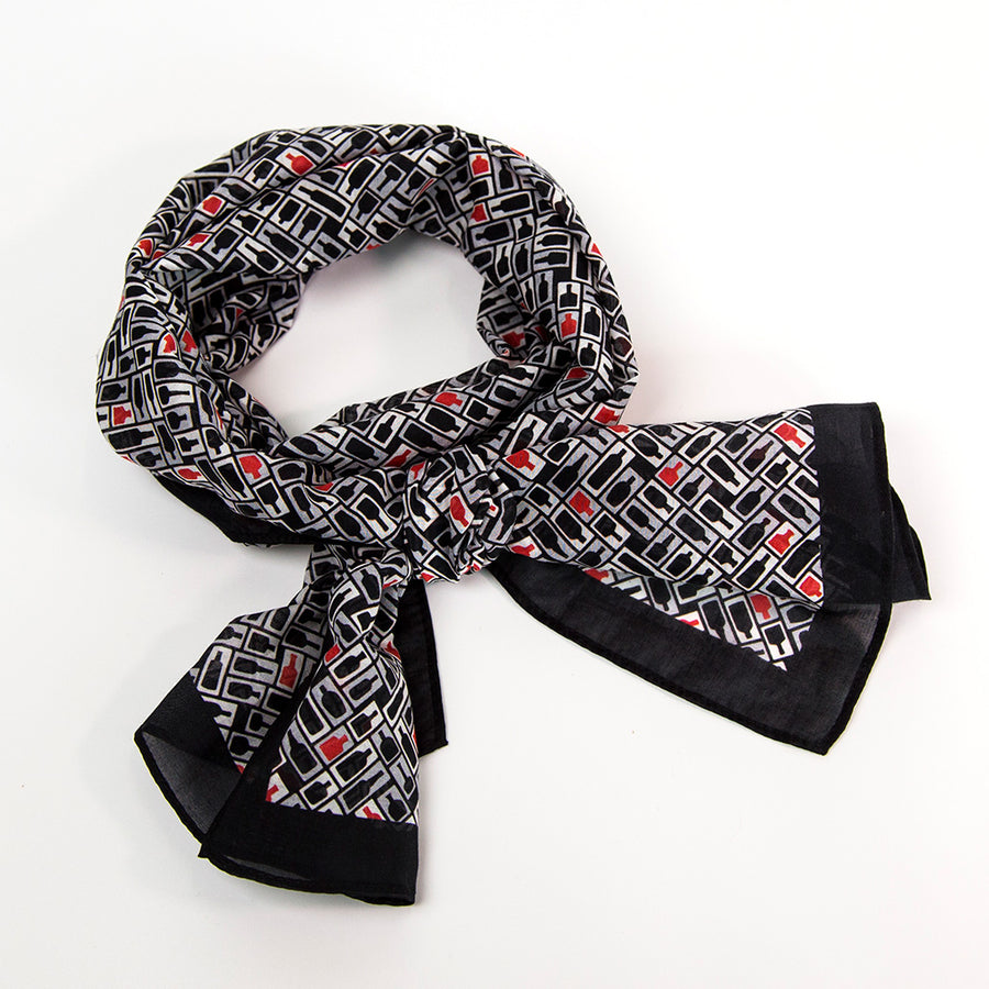 Retro Bourbon© Scarf | Black + White with gray + red accents make of silk-cotton